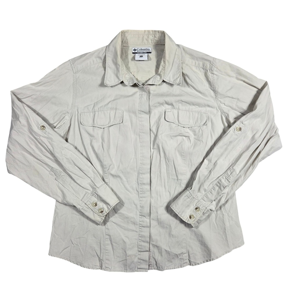 Columbia Womens Large Tan Long Sleeve Button Up Hiking Shirt Pockets Outdoors